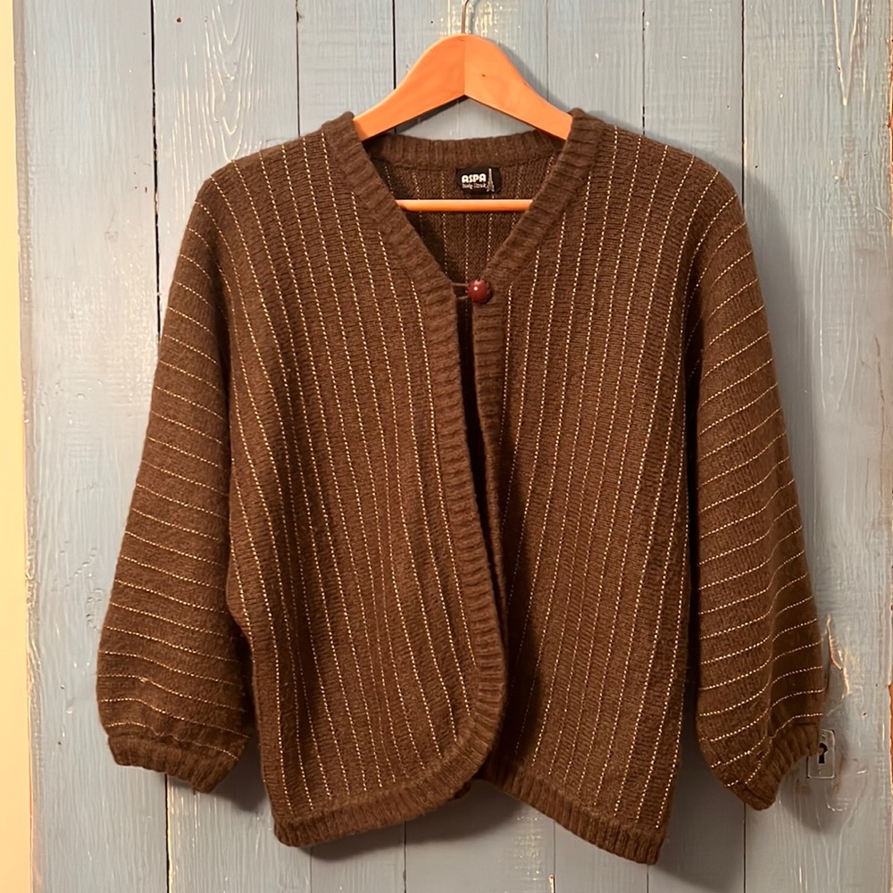 Vintage Wool Cardigan Sweater German sz 46 Chocolate Brown Cream/Gold thread